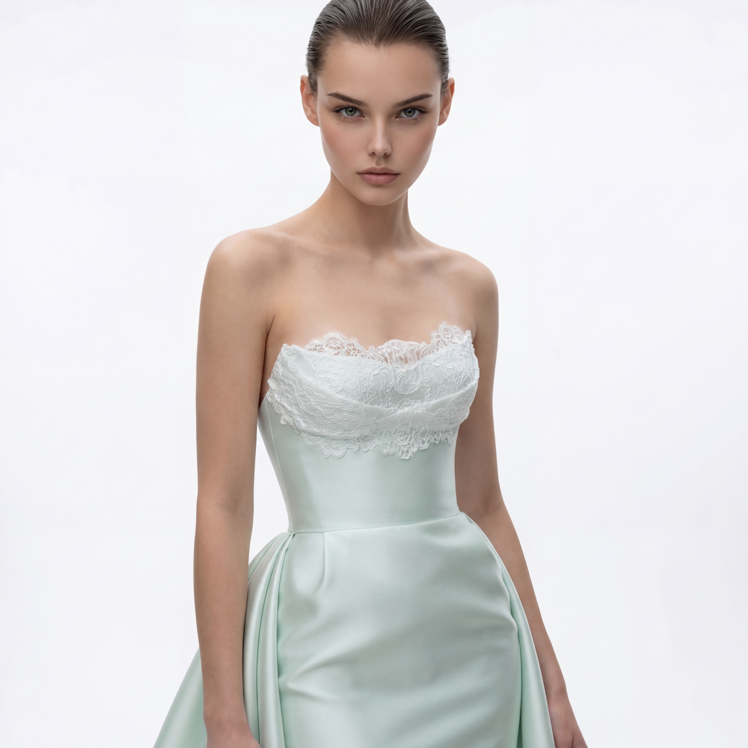 NCC214C Strapless Satin Evening Dress with Lace Bodice and Overskirt Detail - 2