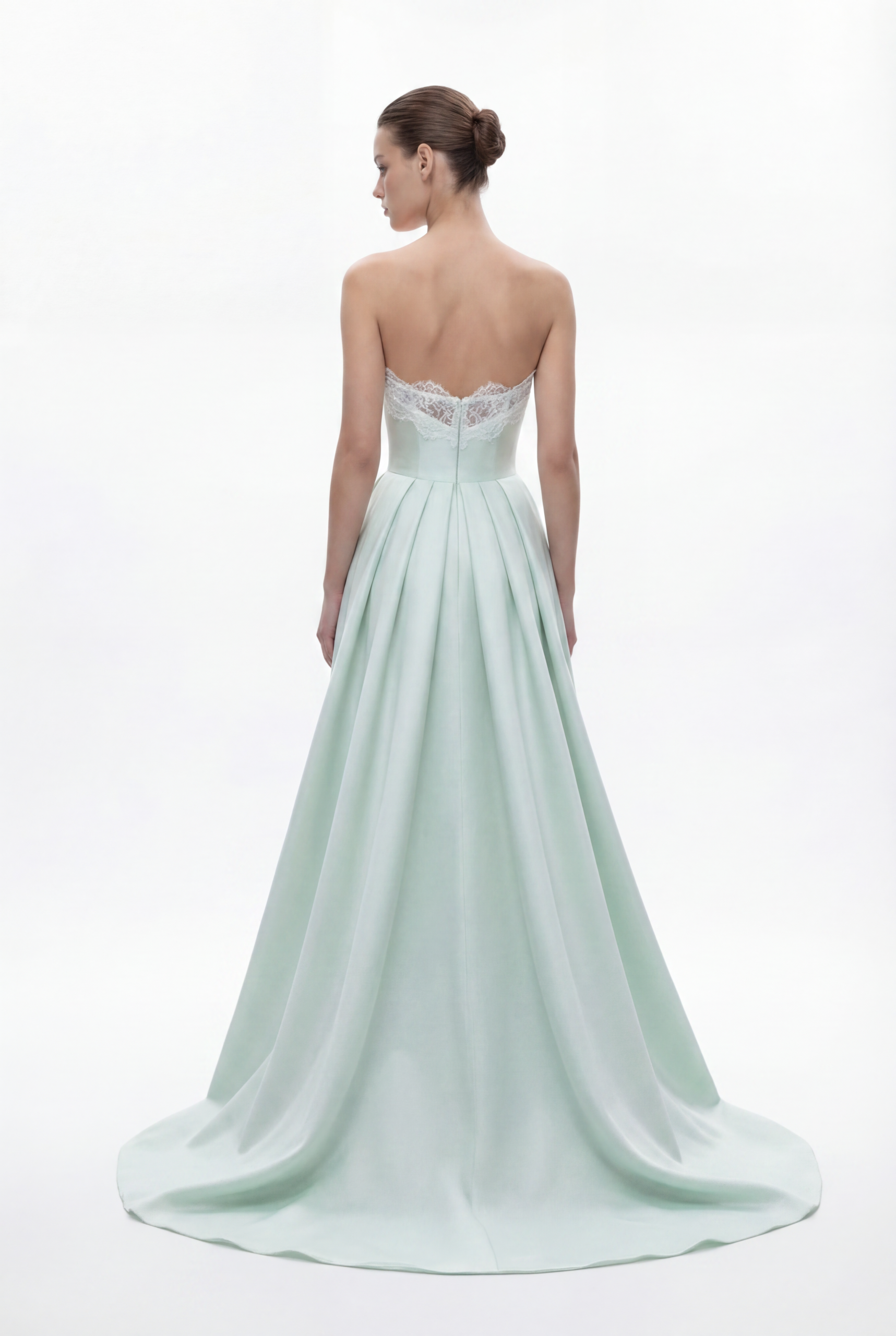NCC214D Strapless Satin Evening Dress with Lace Bodice and Overskirt Detail - 3