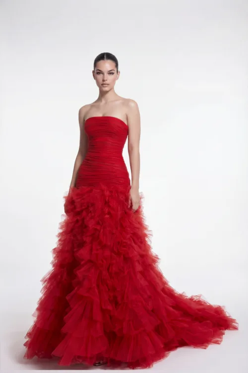 Strapless Draped Tulle Evening Dress with Voluminous Ruffle Skirt