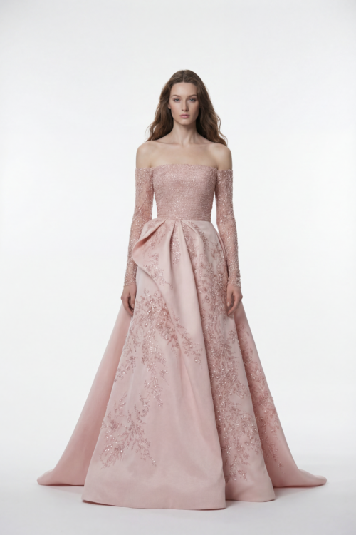 Off-Shoulder Embellished Ball Dress with Draped Skirt Detail