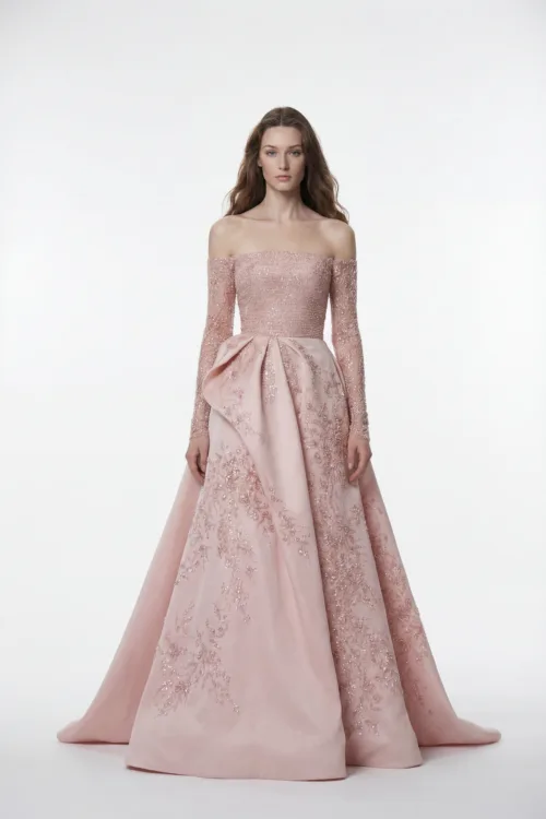 Off-Shoulder Embellished Ball Dress with Draped Skirt Detail