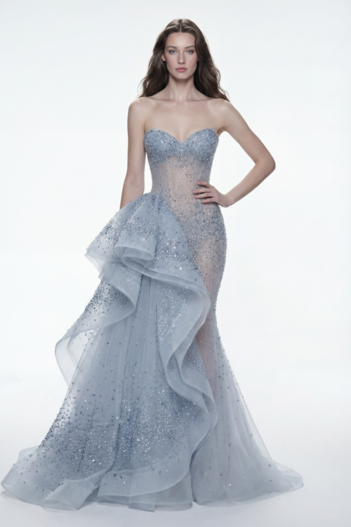 Strapless Crystal Embellished Dress with Sculptural Ruffle and Sheer Corset