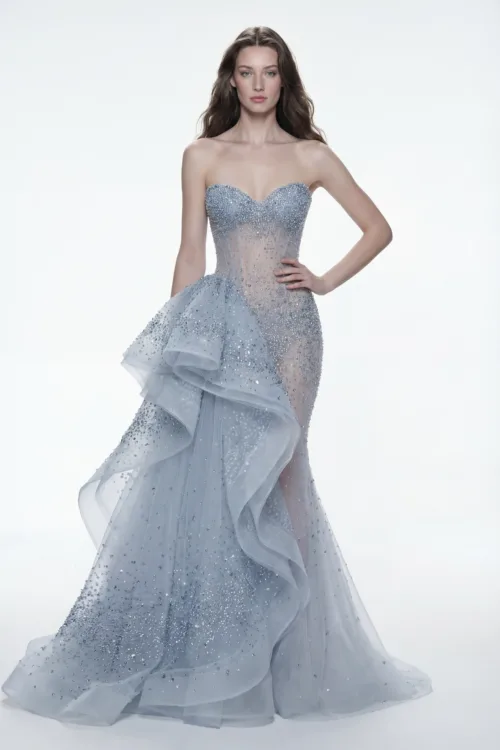 Strapless Crystal Embellished Dress with Sculptural Ruffle and Sheer Corset