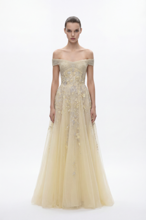 Off-Shoulder Embellished Tulle Dress with Soft Volume Skirt