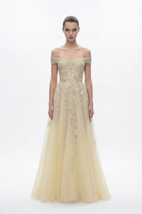 Off-Shoulder Embellished Tulle Dress with Soft Volume Skirt