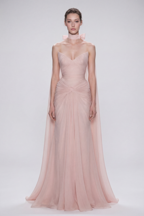Strapless Draped Silk Chiffon Dress with Bow Choker and Flowing Cape
