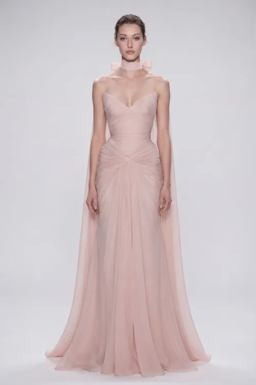 Strapless Draped Silk Chiffon Dress with Bow Choker and Flowing Cape