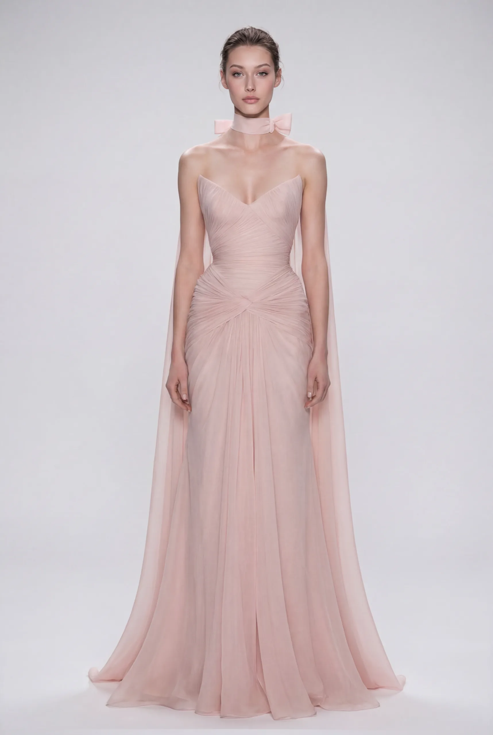 NCC223 Strapless Draped Silk Chiffon Dress with Bow Choker and Flowing Cape - 1