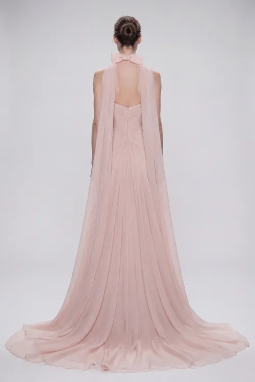 Strapless Draped Silk Chiffon Dress with Bow Choker and Flowing Cape - 5