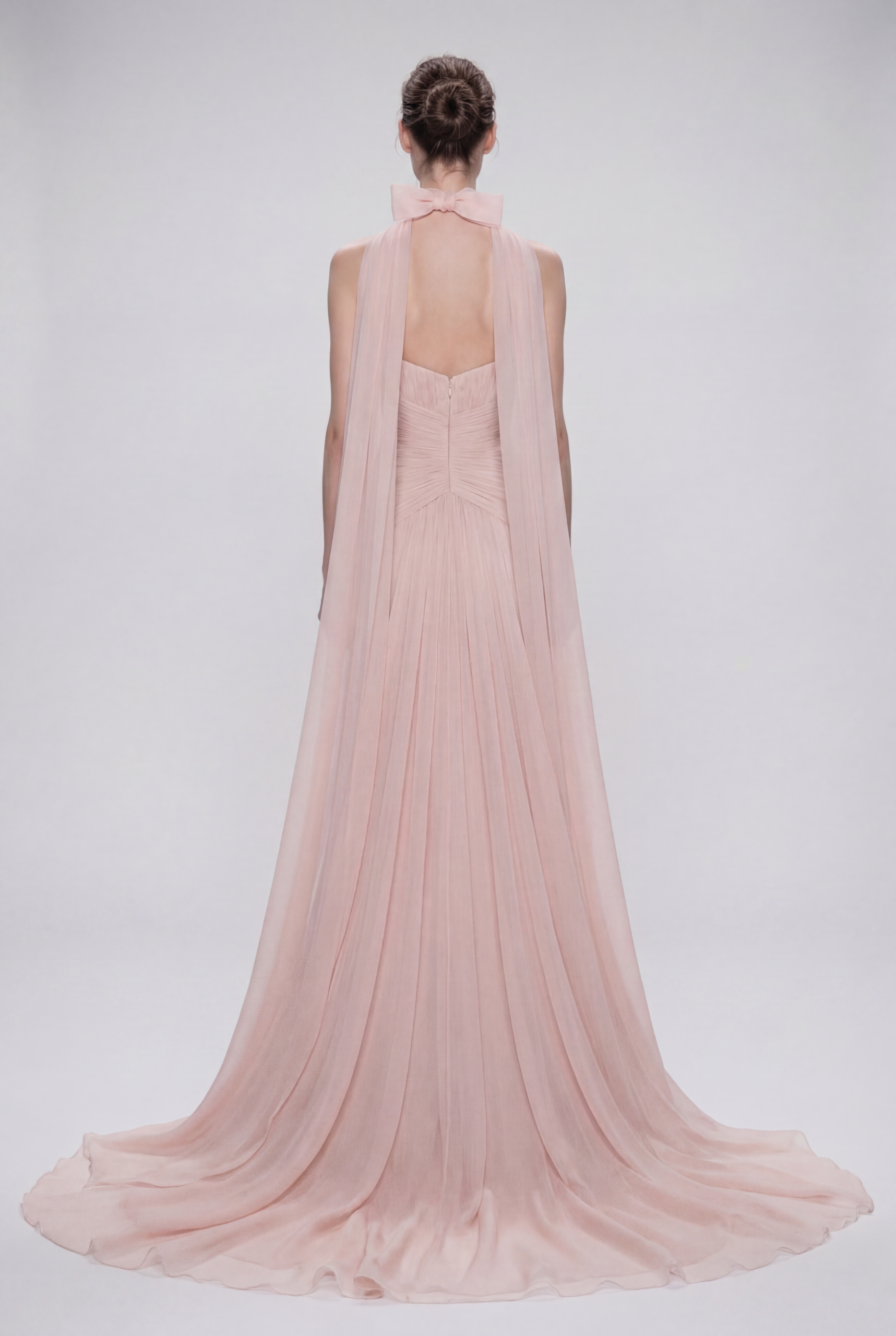 NCC223B Strapless Draped Silk Chiffon Dress with Bow Choker and Flowing Cape - 2