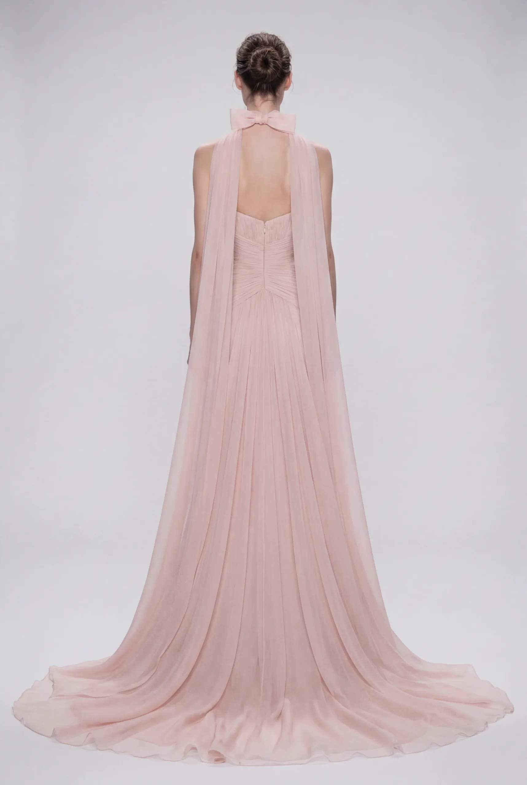 NCC223B Strapless Draped Silk Chiffon Dress with Bow Choker and Flowing Cape - 2