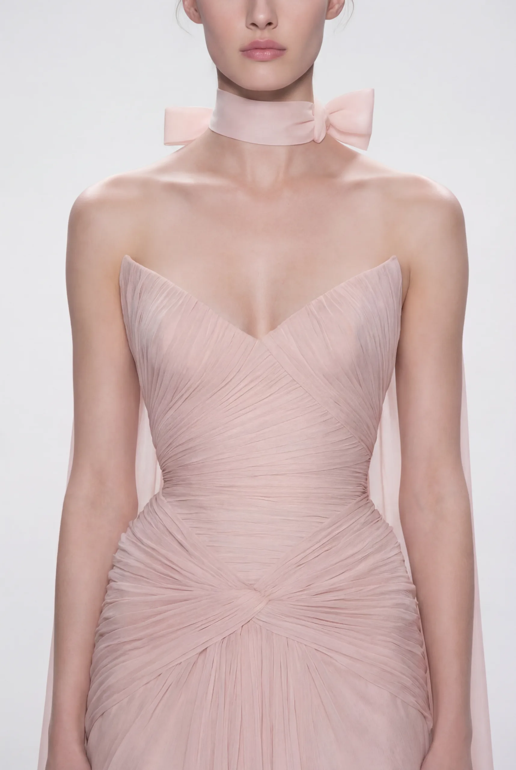 NCC223C Strapless Draped Silk Chiffon Dress with Bow Choker and Flowing Cape - 3