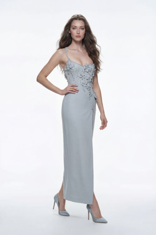 One Shoulder Floral Embellished Dress with Crystal Beading Detailing