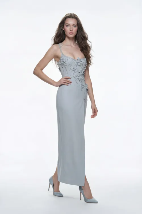 One Shoulder Floral Embellished Dress with Crystal Beading Detailing