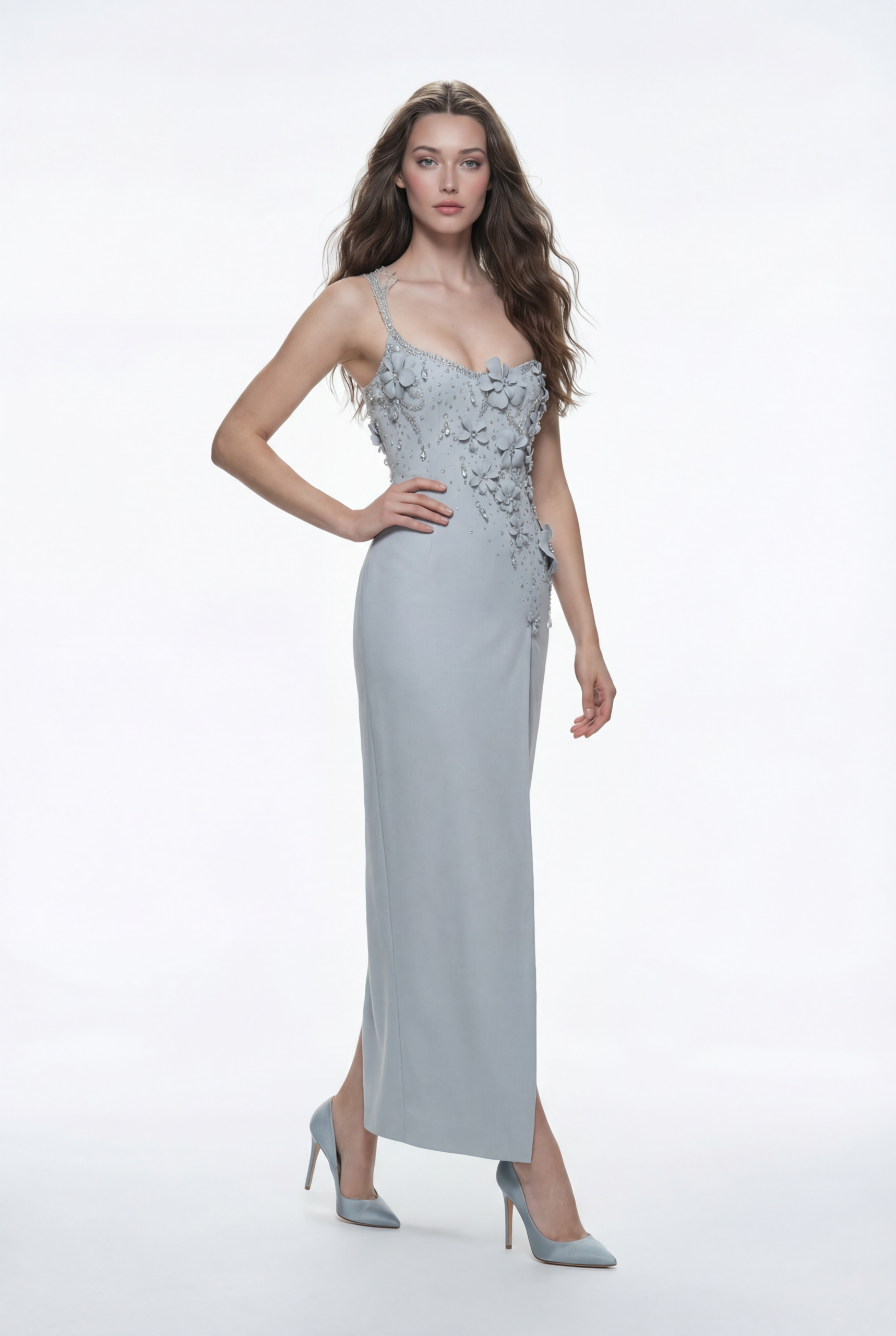 NCC224D One Shoulder Floral Embellished Dress with Crystal Beading Detailing - 1