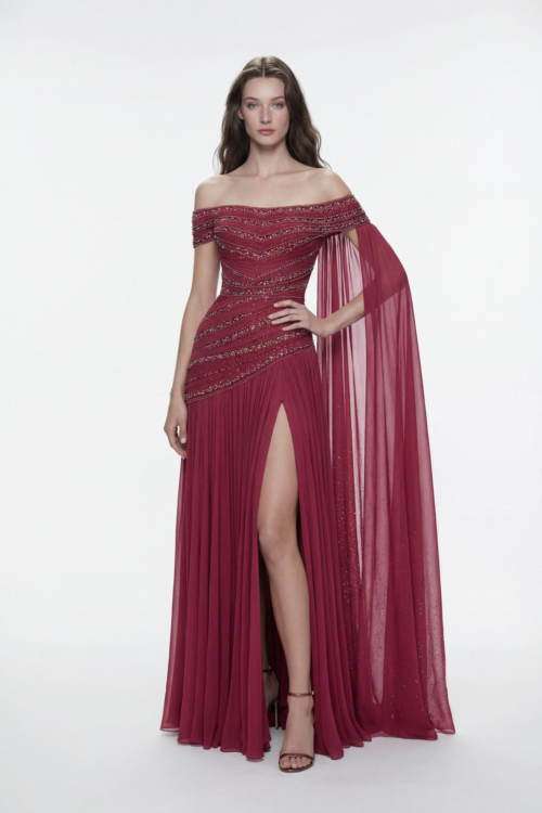 Off-Shoulder Draped Dress with Crystal Embellishment and Chiffon Cape