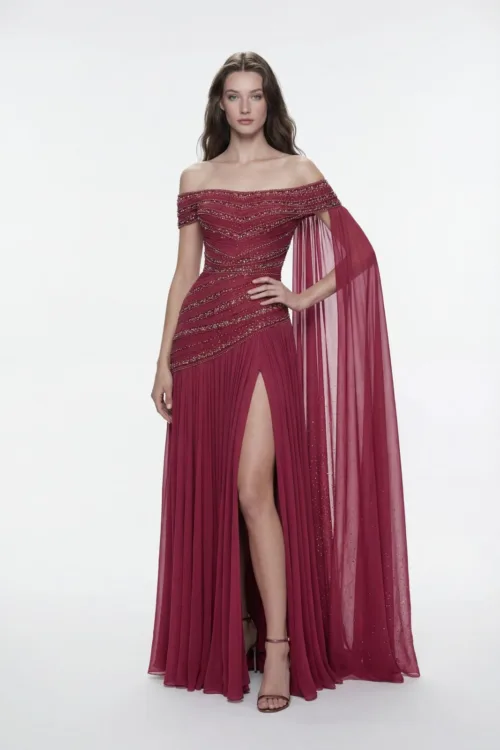 Off-Shoulder Draped Dress with Crystal Embellishment and Chiffon Cape