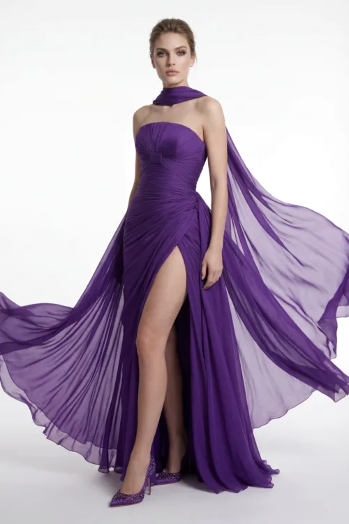 Strapless Draped Chiffon Dress with High Slit and Scarf Detail