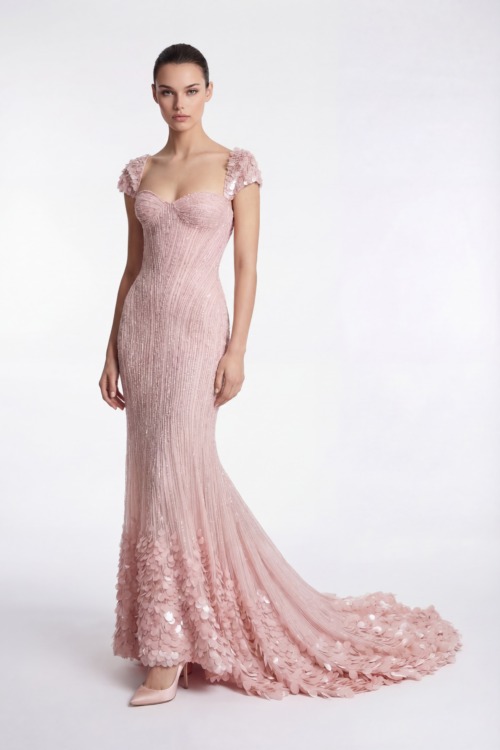 Blush Pink Hand-Embellished Mermaid Dress with Floral Texture Train