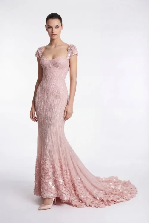 Blush Pink Hand-Embellished Mermaid Dress with Floral Texture Train