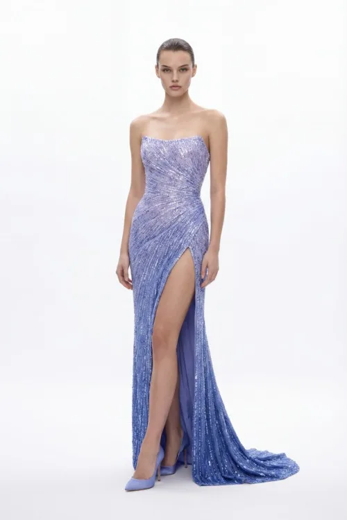 Ice Lavender Hand Embellished Strapless High Slit Dress