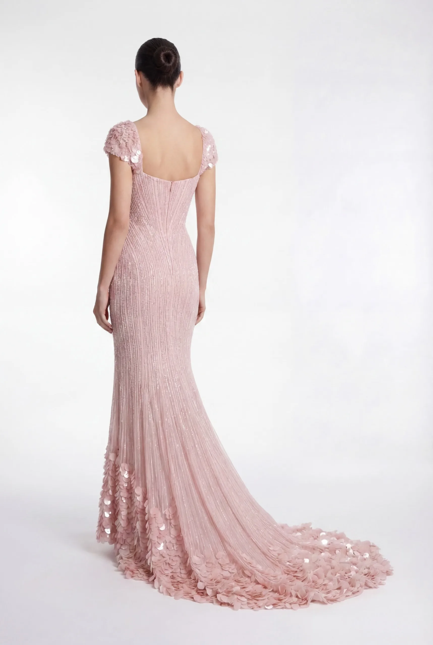 Blush Pink Hand-Embellished Mermaid Dress with Floral Texture Train - 3