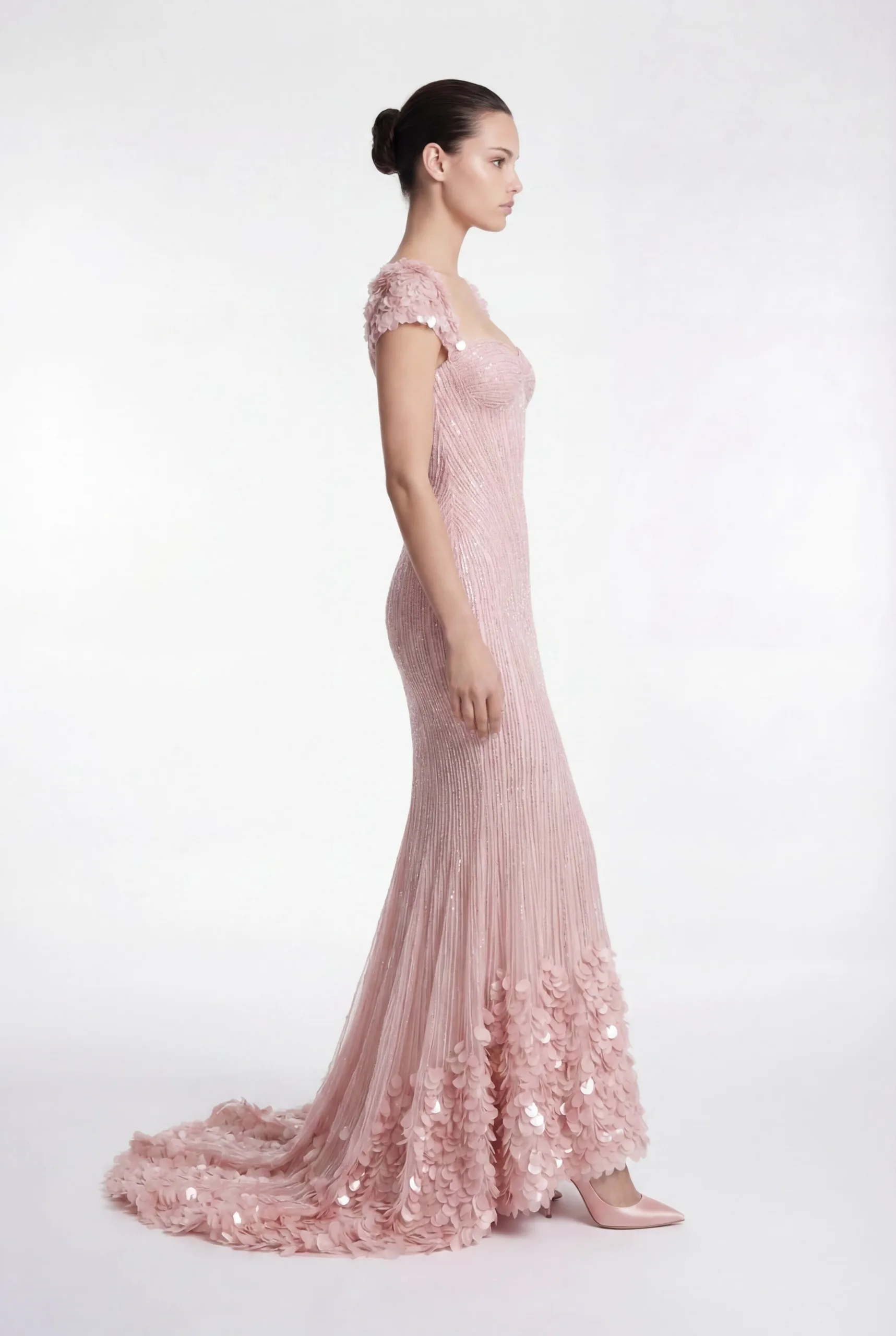 Blush Pink Hand-Embellished Mermaid Dress with Floral Texture Train - 2