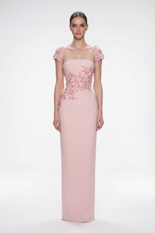 Blush Pink Hand-Embellished Cap Sleeve Fitted Dress