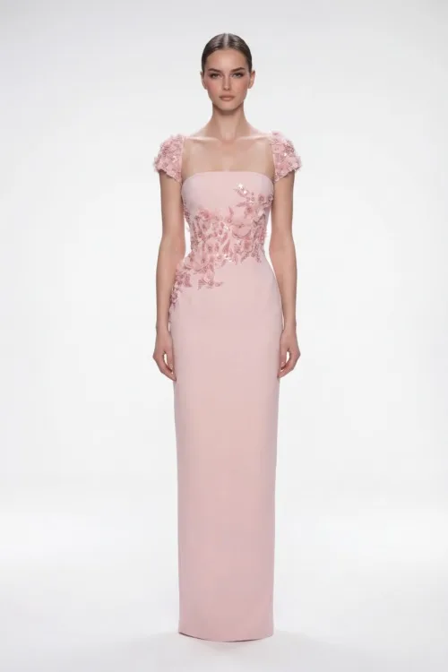Blush Pink Hand-Embellished Cap Sleeve Fitted Dress