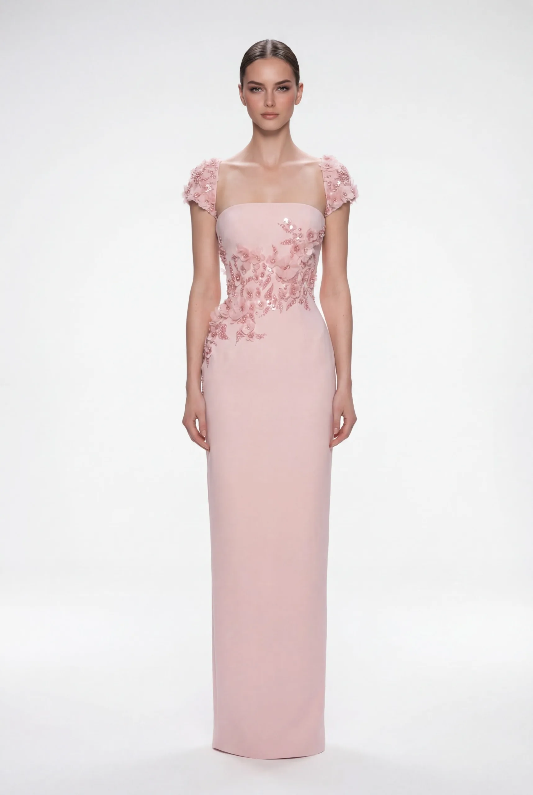 Blush Pink Hand-Embellished Cap Sleeve Fitted Dress - 1