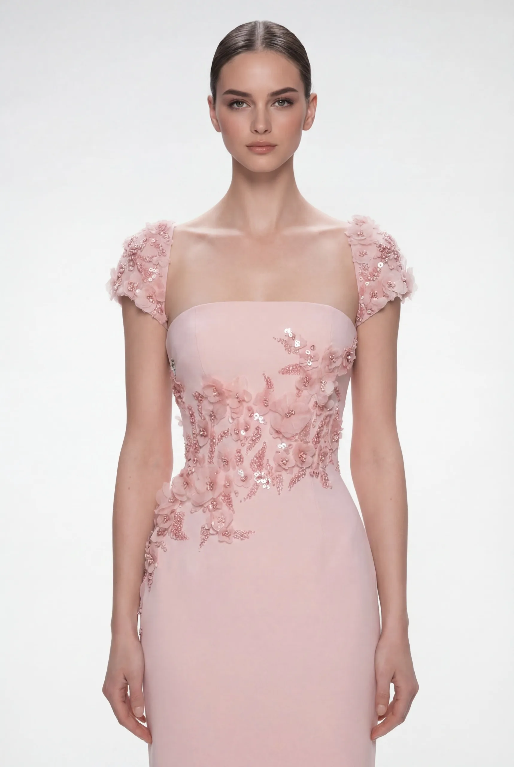 Blush Pink Hand-Embellished Cap Sleeve Fitted Dress - 2