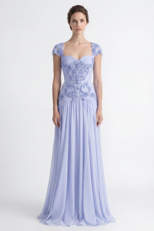 Soft Ice Lavender Blue Hand-Embellished Draped Chiffon Dress