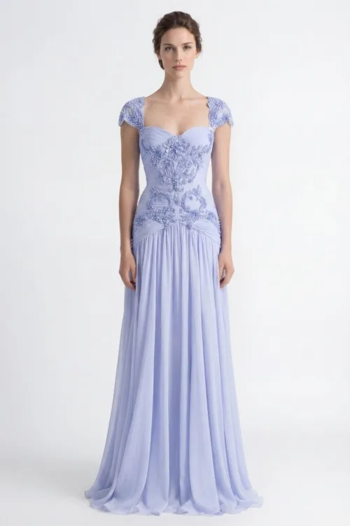Soft Ice Lavender Blue Hand-Embellished Draped Chiffon Dress
