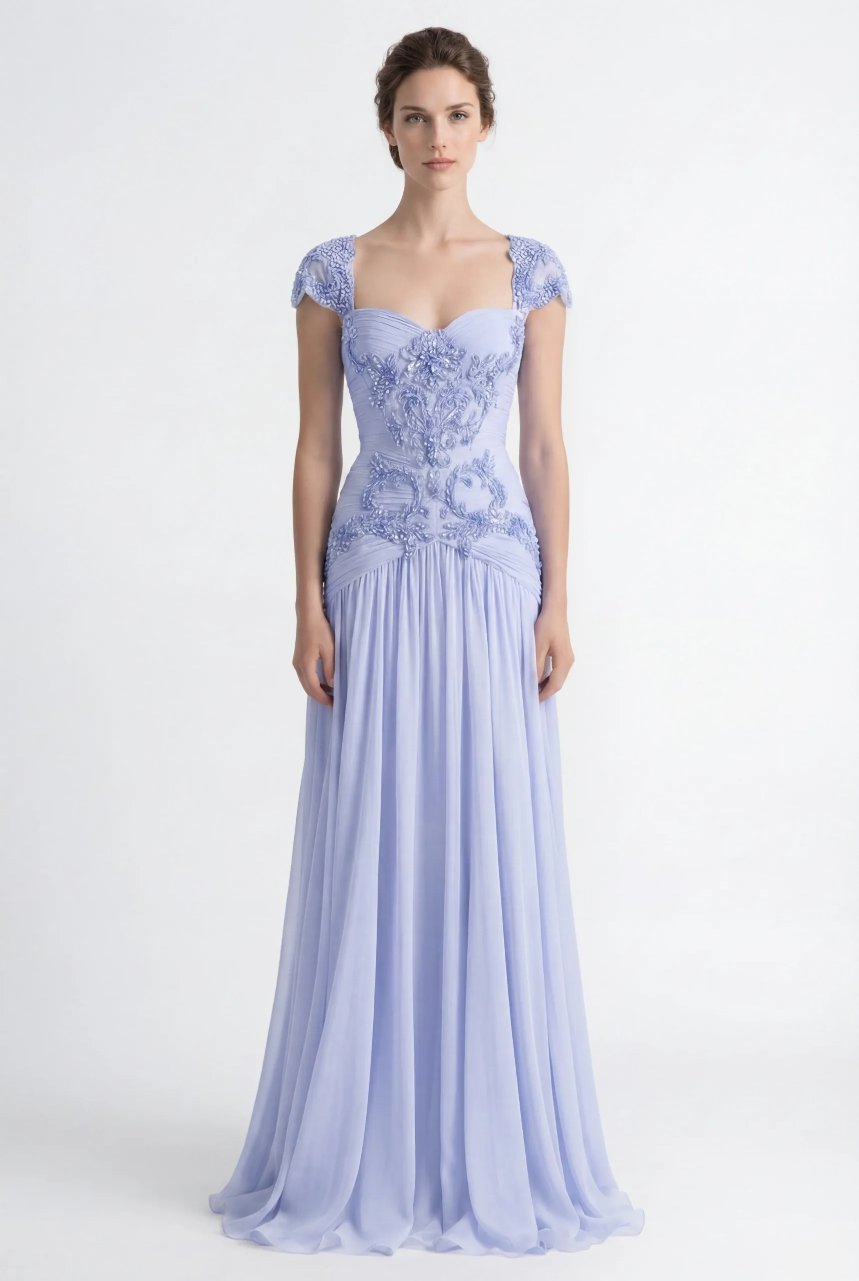Soft Ice Lavender Blue Hand-Embellished Draped Chiffon Dress - 1
