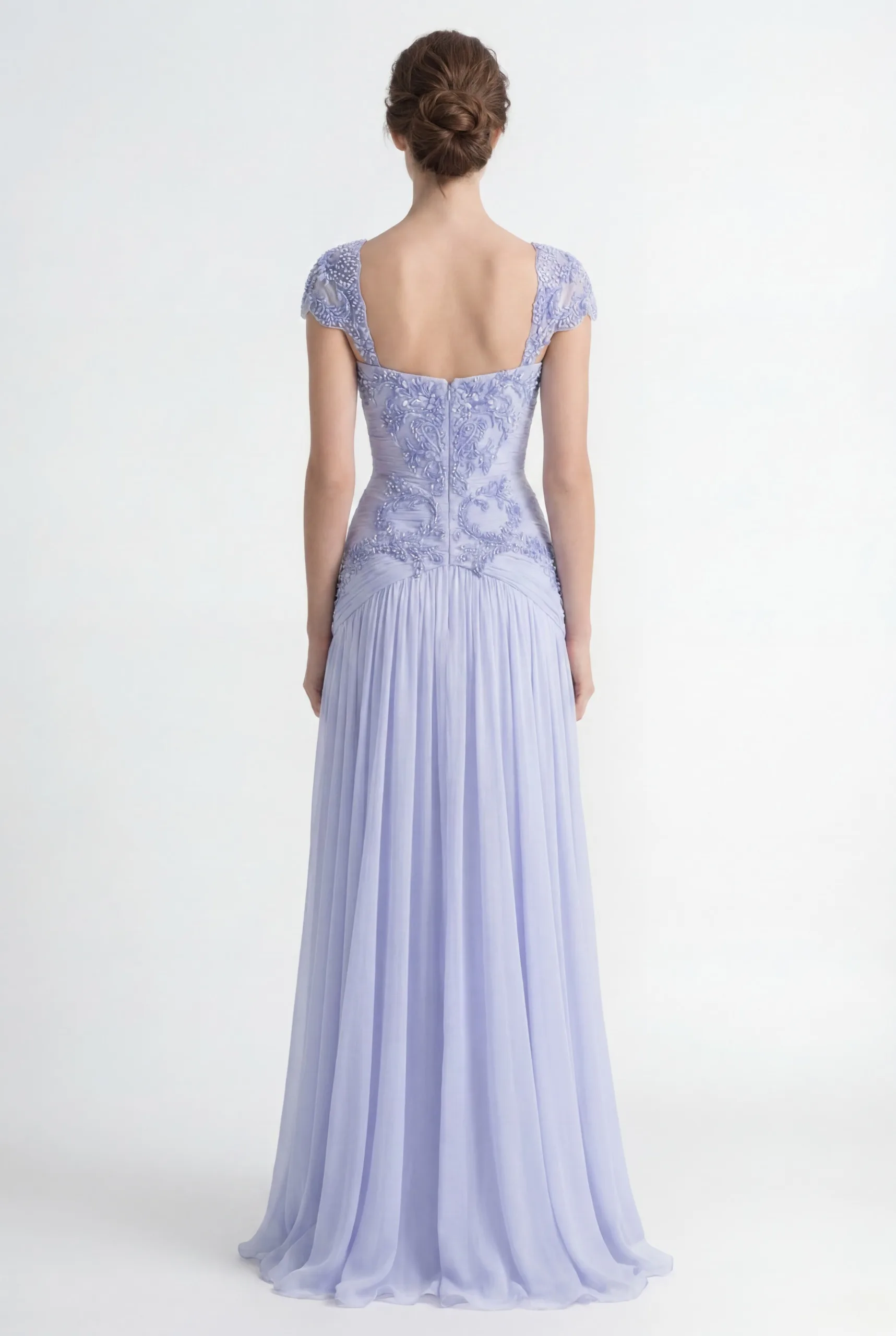 Soft Ice Lavender Blue Hand-Embellished Draped Chiffon Dress - 3