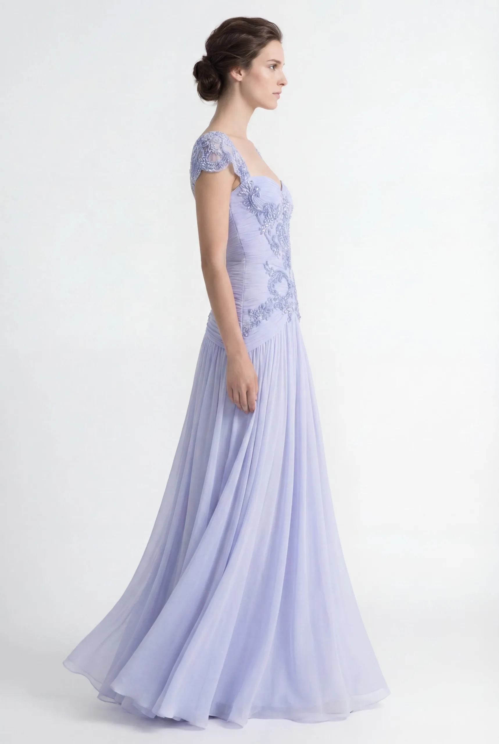 Soft Ice Lavender Blue Hand-Embellished Draped Chiffon Dress - 2