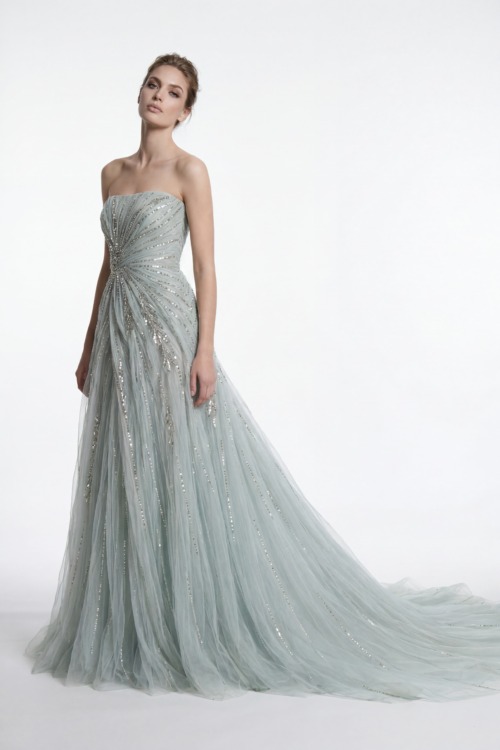 Soft Sage Green Strapless Hand-Embellished Tulle Dress with Train