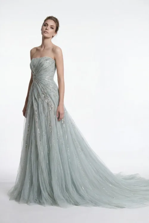 Soft Sage Green Strapless Hand-Embellished Tulle Dress with Train