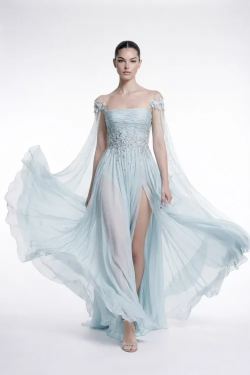 Soft Ice Blue Draped Chiffon Dress with Embellished Cape Sleeves