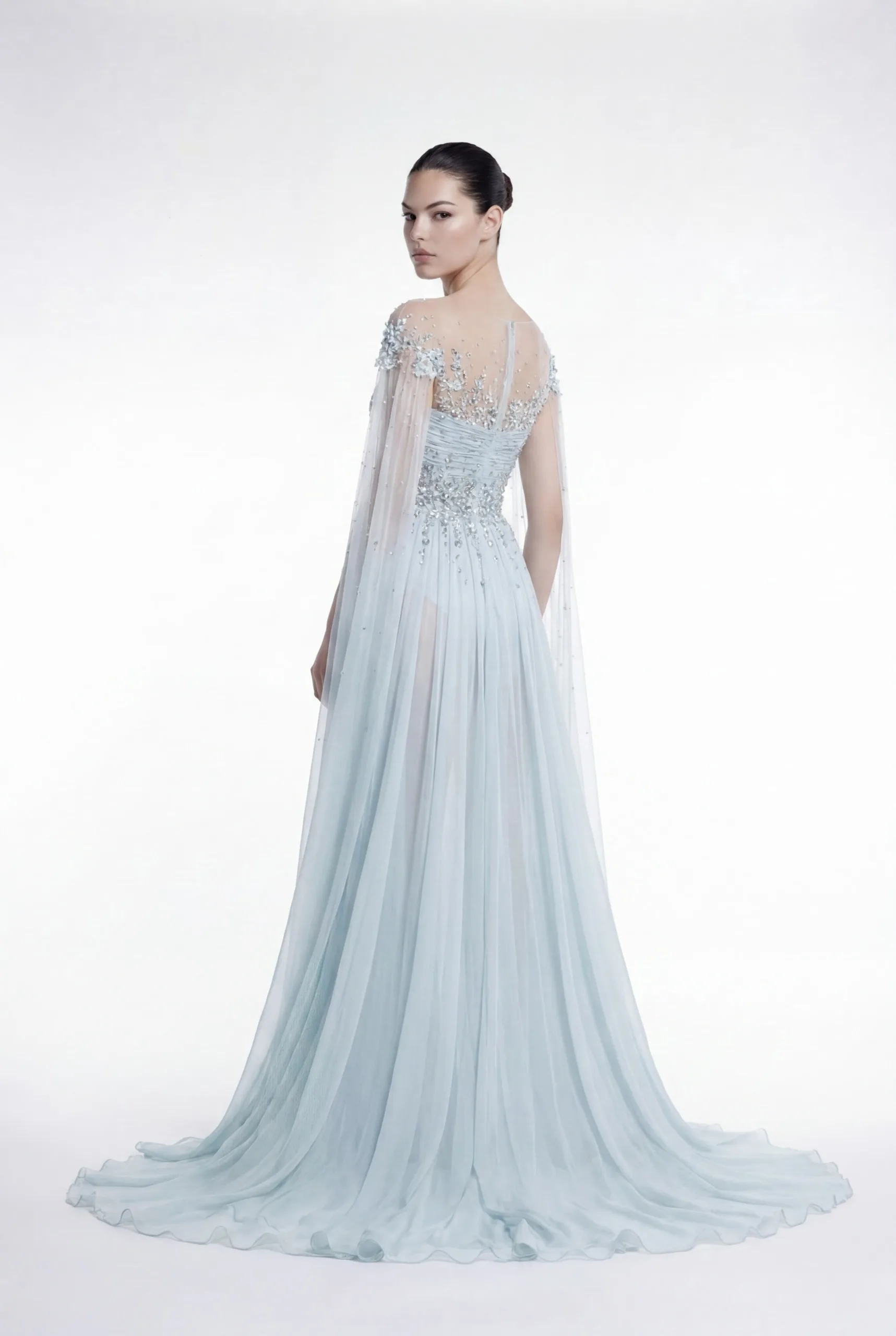 Soft Ice Blue Draped Chiffon Dress with Embellished Cape Sleeves - 4