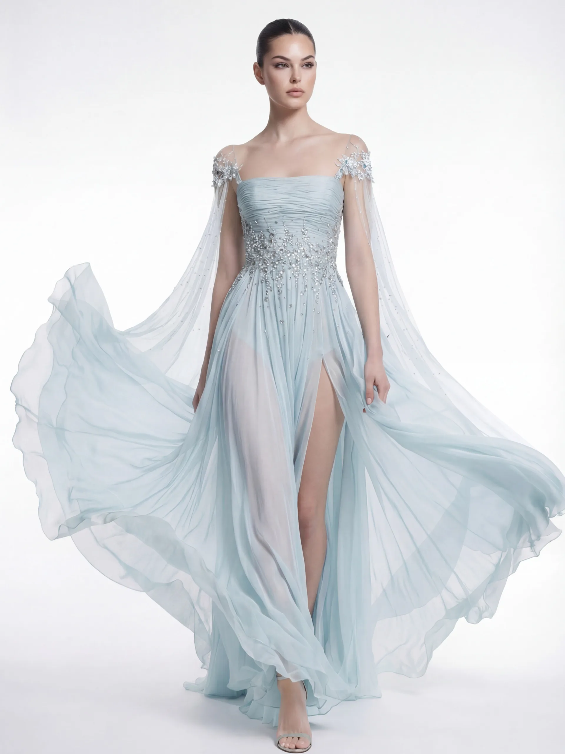 Soft Ice Blue Draped Chiffon Dress with Embellished Cape Sleeves - 3