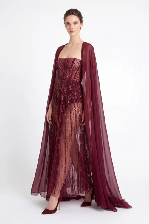 Burgundy Sequin Strapless Dress with Sheer Cape
