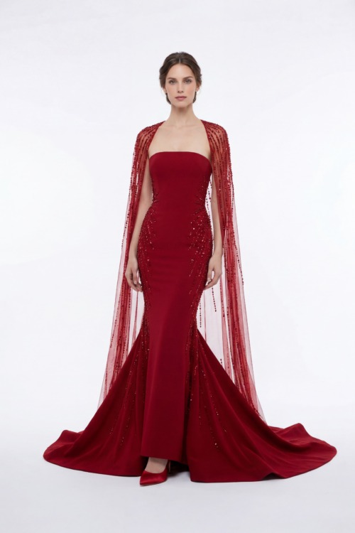 Red Strapless Mermaid Dress with Embellished Sheer Cape