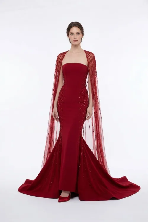 Red Strapless Mermaid Dress with Embellished Sheer Cape
