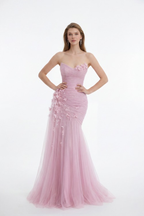Blush Pink Strapless Draped Tulle Dress with Floral Appliqués