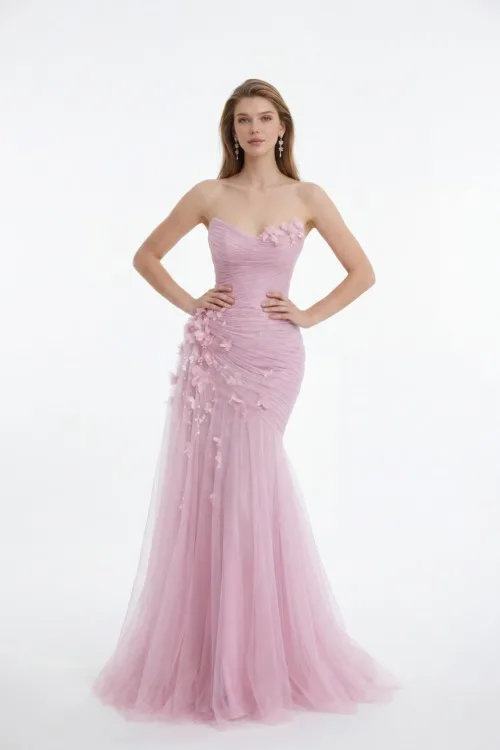 Blush Pink Strapless Draped Tulle Dress with Floral Appliqués