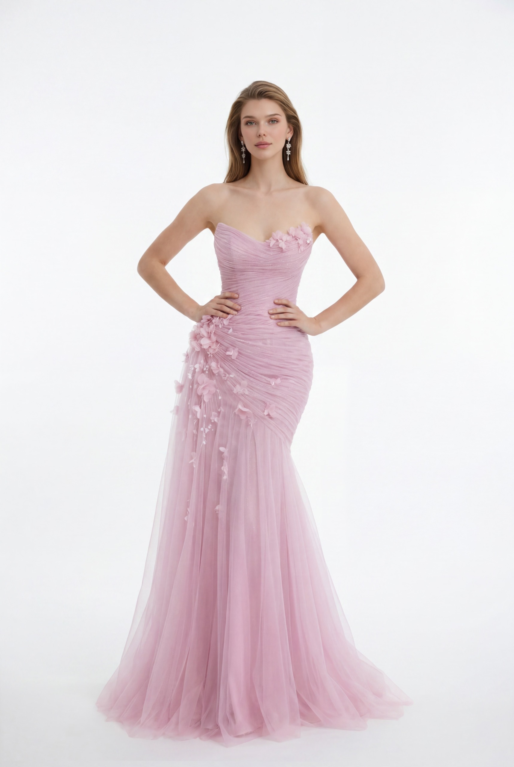 NCC248 Blush Pink Strapless Draped Tulle Dress with Floral Appliqués - 1