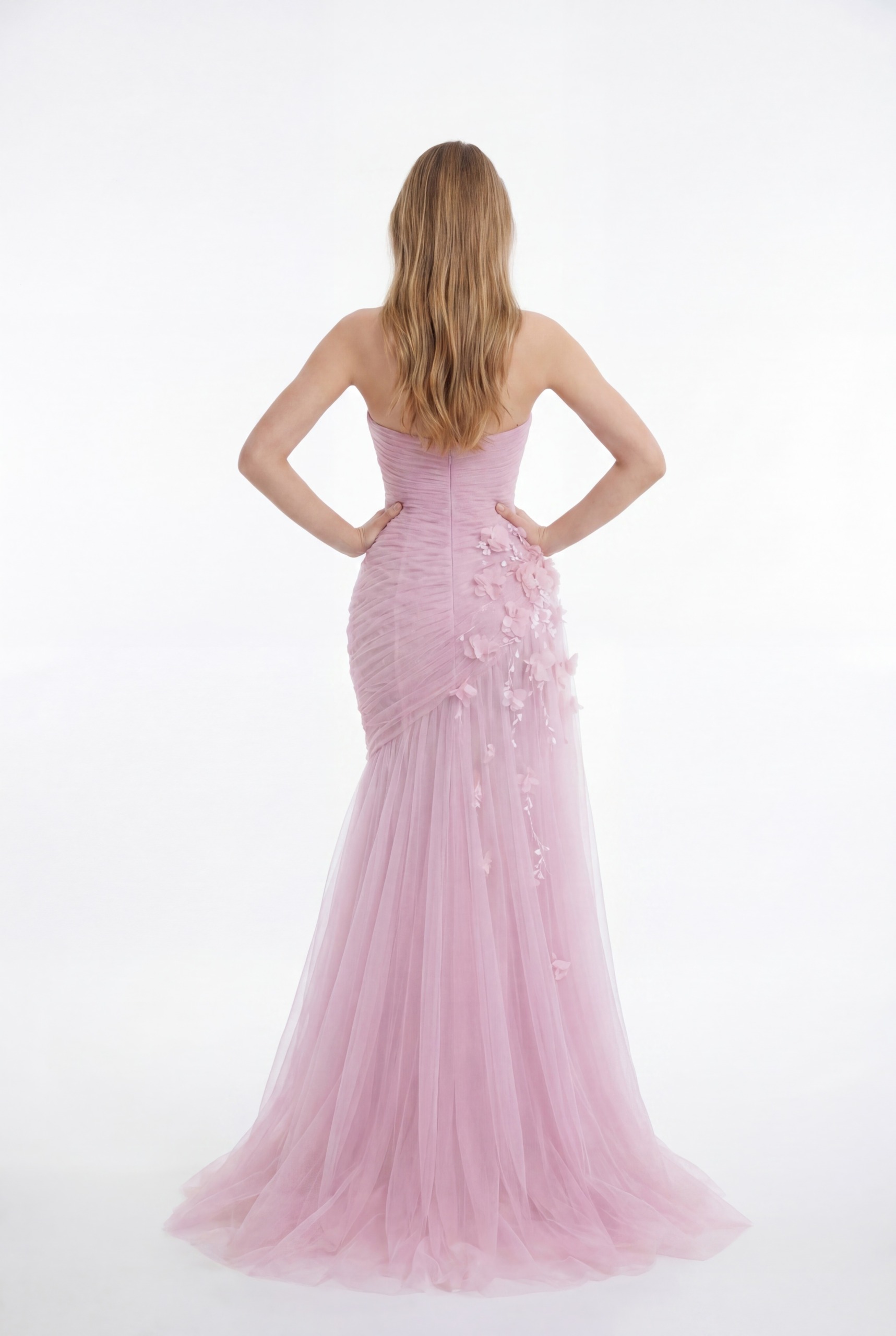 NCC248C Blush Pink Strapless Draped Tulle Dress with Floral Appliqués - 3
