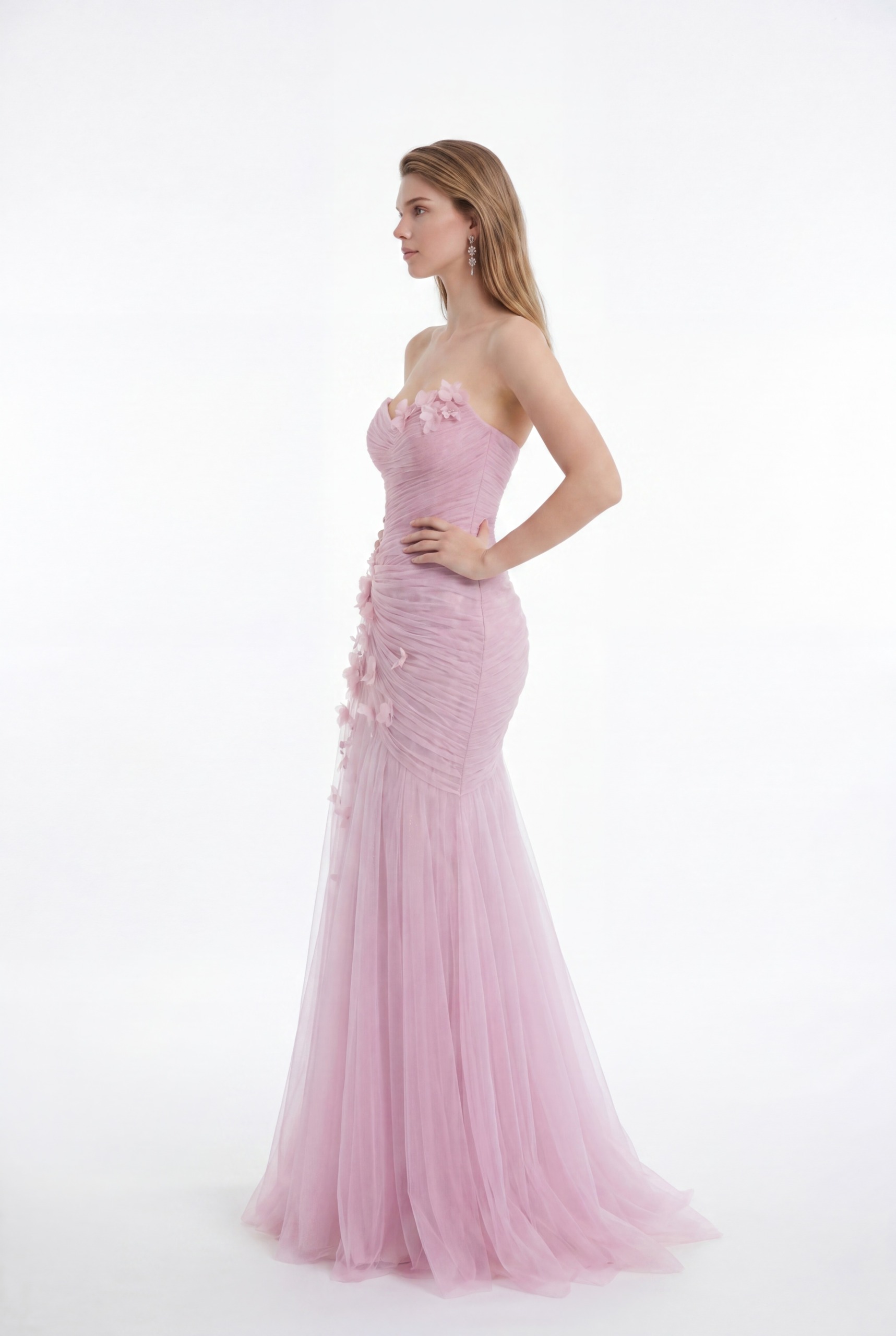 NCC248D Blush Pink Strapless Draped Tulle Dress with Floral Appliqués - 4