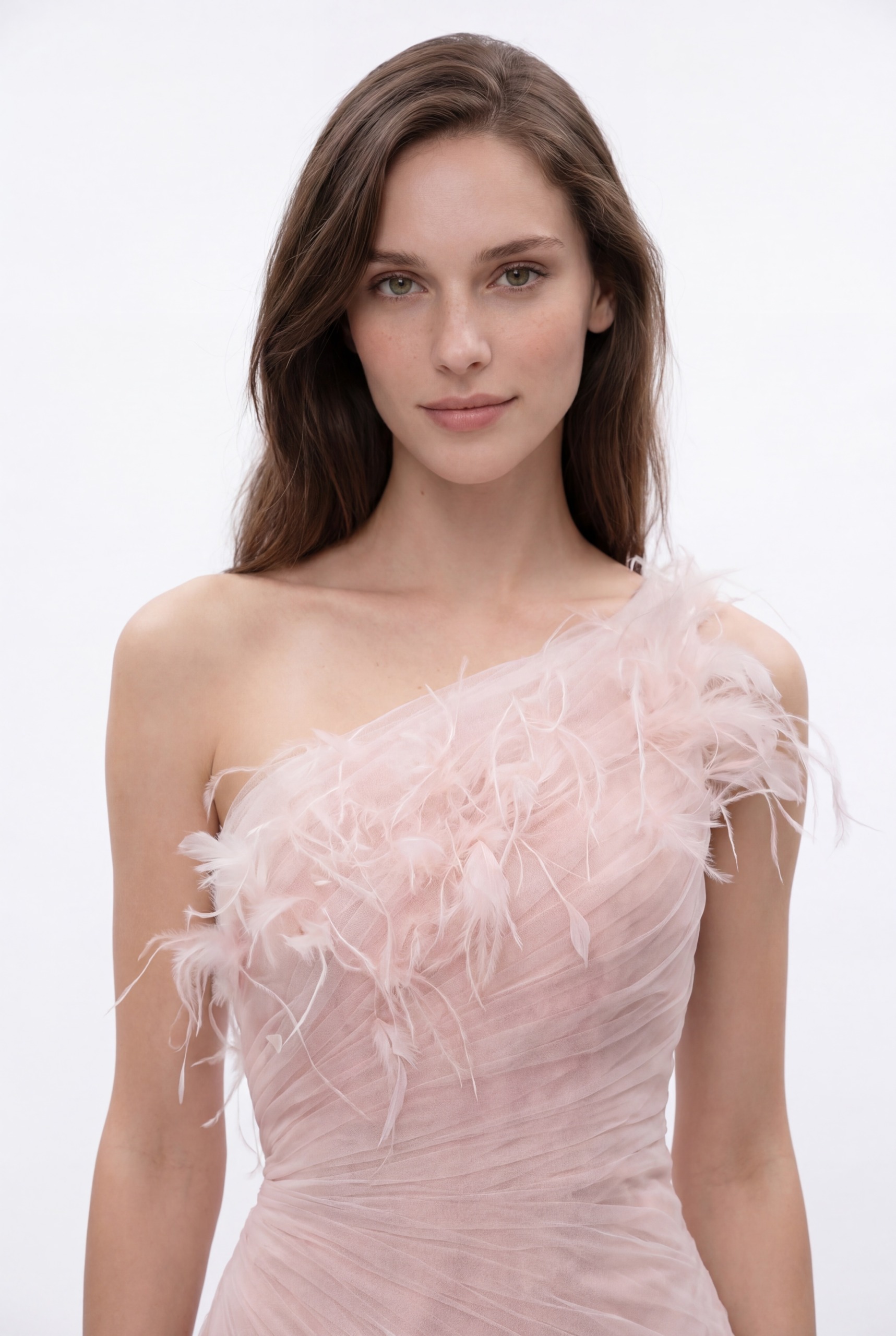 NCC249B Blush Pink One-Shoulder Draped Tulle Dress with Feather Details - 2